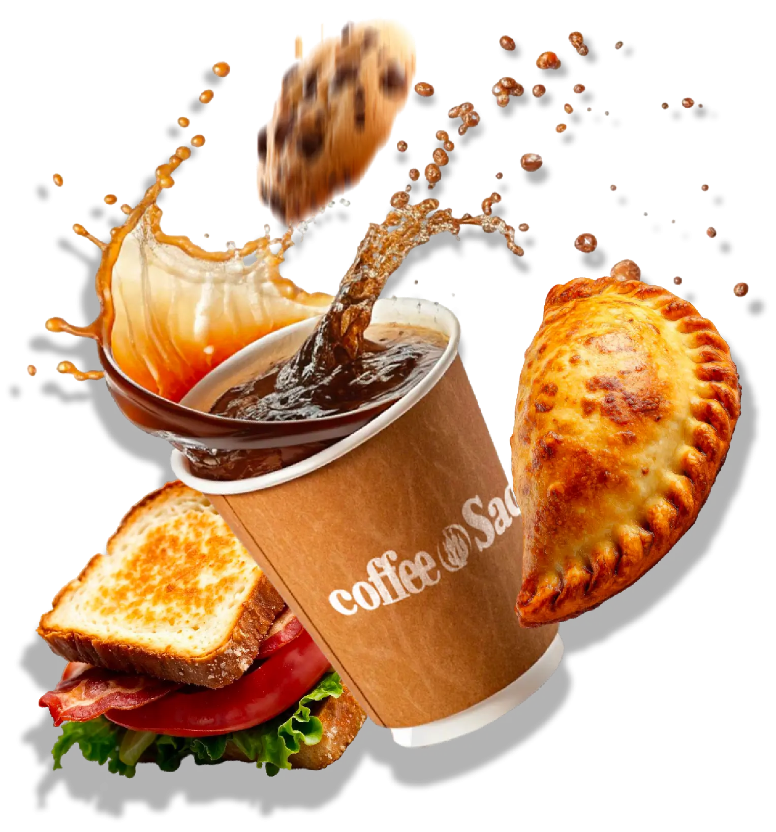 Café Coffee SAC acompañado de una tostada, una empanada y una galleta